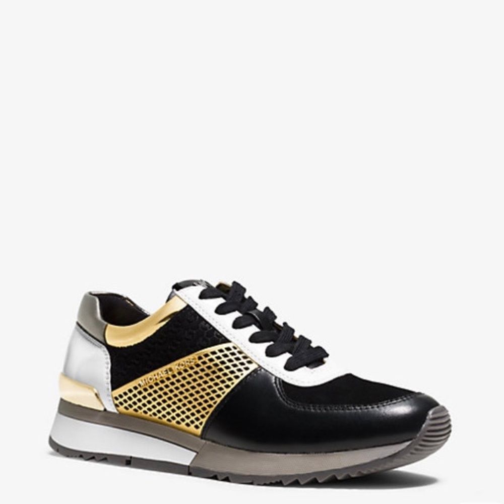 Michael Michael Kors Black Gold Allie Metallic-Trim Leather Sneaker Size 7.5 M